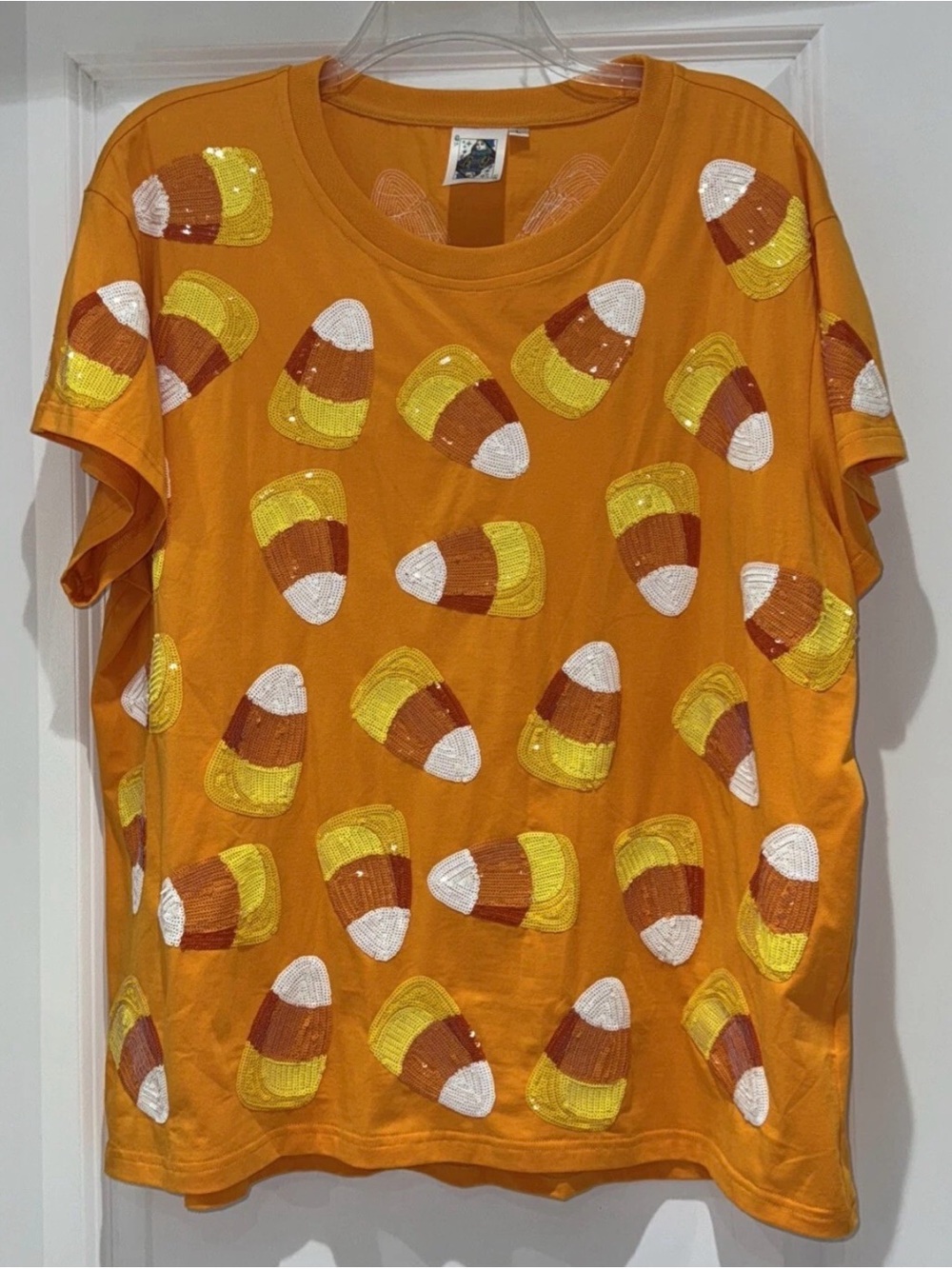 🎃Fabulous Queen Of Sparkles L (Oversized) Candy Corn Sequined Tee EUC - Picture 6 of 10